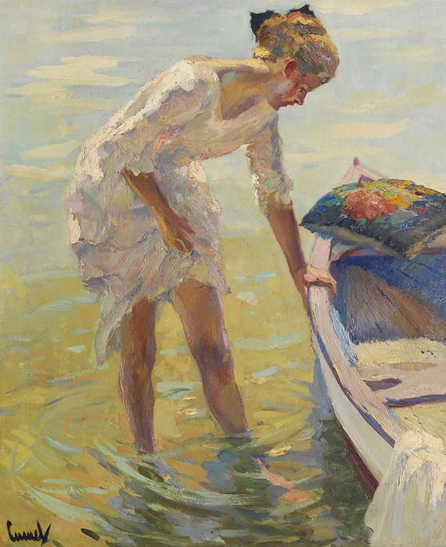 Edward Cucuel 1875 San Francisco - 1954 Pasadena Am Ufer. Um 1920. Öl auf Leinwand. Links unten