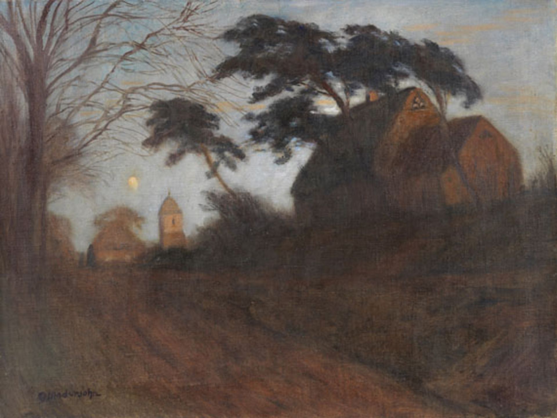 Otto Modersohn 1865 Soest - 1943 Fischerhude Eingang von Worpswede (Abend in Worpswede mit der alten