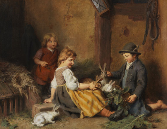 Felix Schlesinger 1833 Hamburg - 1910 Hamburg Kinder mit Hasen im Stall. Um 1870. Öl auf Leinwand.