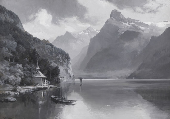 Edward Theodore Compton 1849 London - 1921 Feldafing Vierwaldstätter See mit Tellskapelle gegen