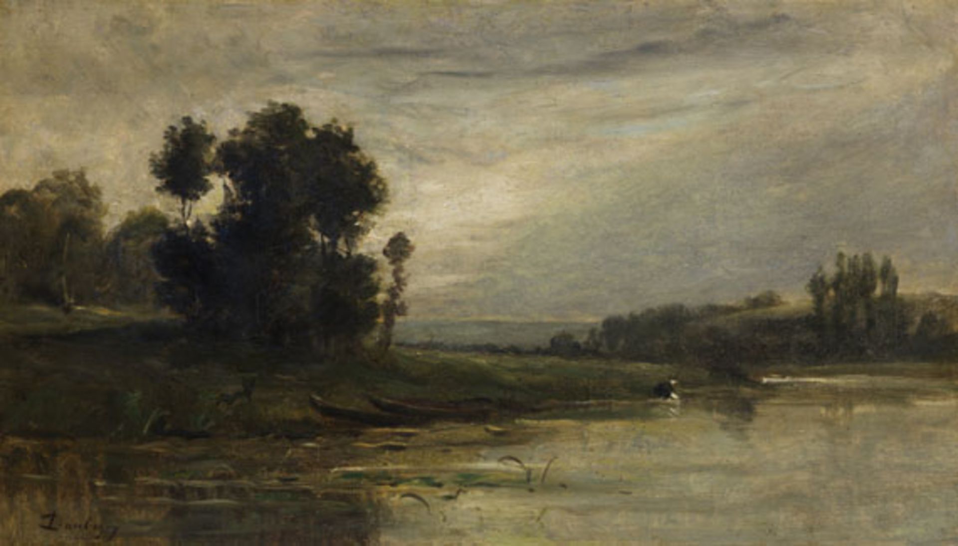 Charles-François Daubigny 1817 Paris - 1878 Paris Bords de l’Oise. Um 1870. Öl auf Leinwand. Links