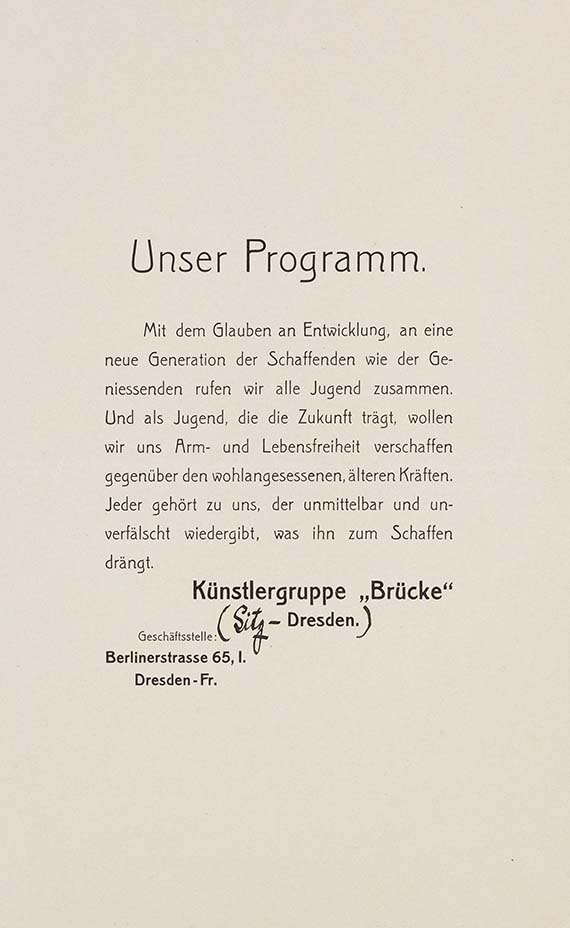 Ernst Ludwig Kirchner 1880 Aschaffenburg - 1938 Davos Programm der Brücke. 1906. Schriftblatt,