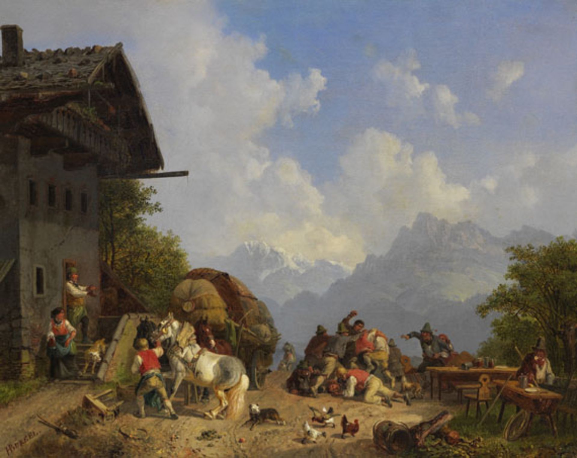 Heinrich Bürkel 1802 Pirmasens - 1869 München Rauferei vor dem Wirtshaus. Um 1853/56. Öl auf