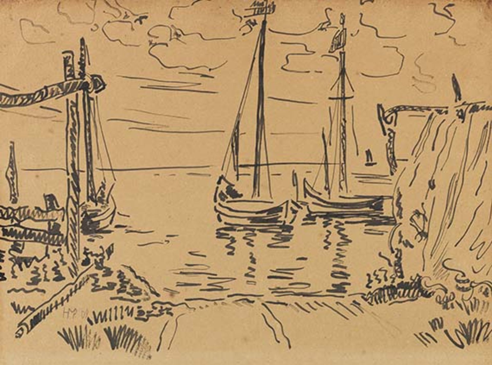 Hermann Max Pechstein 1881 Zwickau - 1955 Berlin Boote in Nidden. 1909. Tusche. Links unten