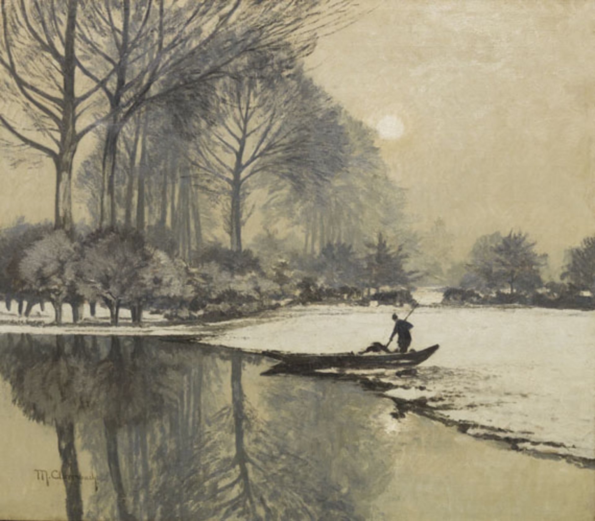 Max Clarenbach 1880 Neuss - 1952 Wittlaer Winterlandschaft mit Kahnfischer. Um 1920. Öl auf