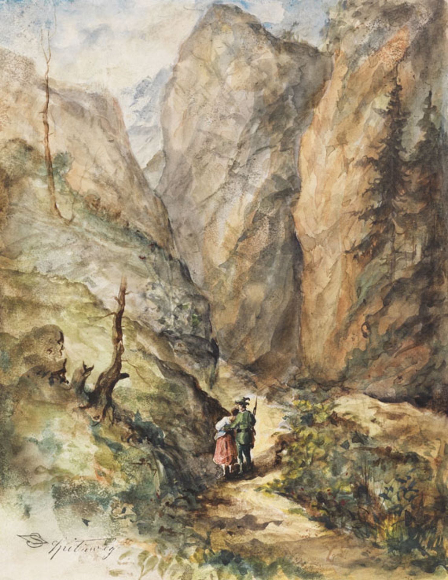 Carl Spitzweg 1808 München - 1885 München Jäger und Mädchen (Berglandschaft mit Liebespaar-