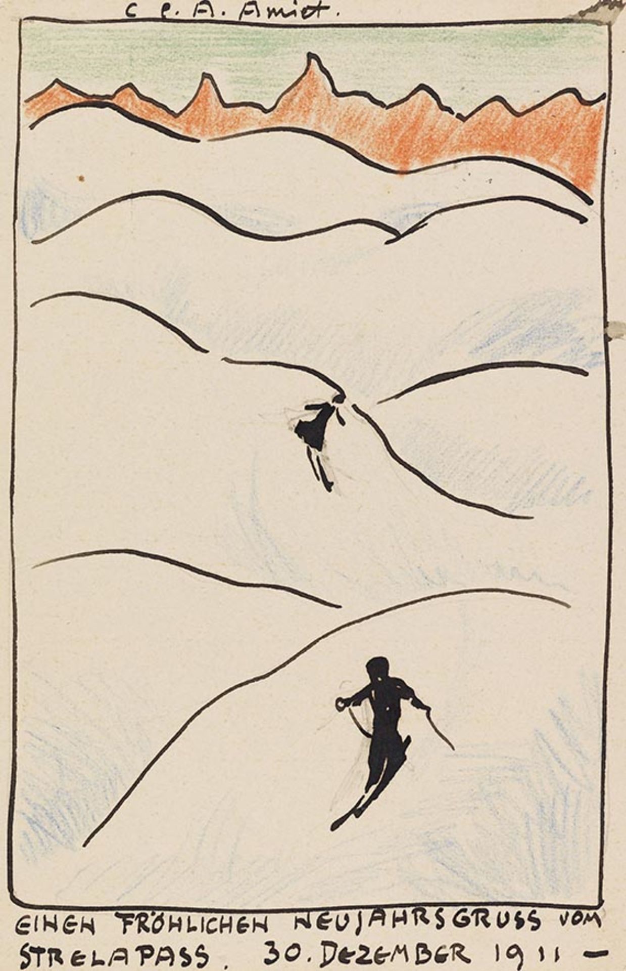 Cuno Amiet 1868 Solothurn - 1961 Oschwand Postkarte: Berglandschaft mit Skifahrer. 1911.