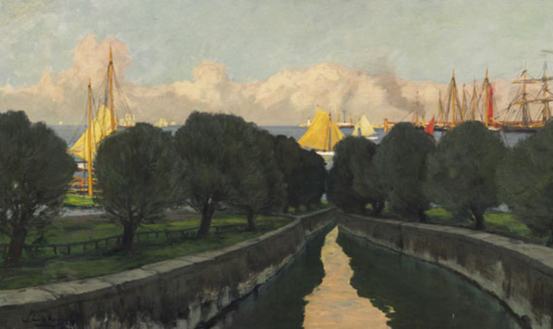 Walter Leistikow 1865 Bromberg - 1908 Berlin Hafen. Um 1895. Öl auf Leinwand. Links unten