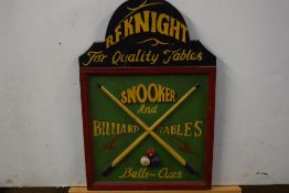 Contemporary arched wooden advertising board marked 'R F Knight for Quality tables' decorated with