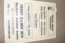 Willie Smith Testimonial Friday 3 May 1974 Northern Snooker Centre, Leeds, advertising poster laid