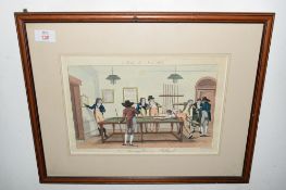 After Claude Louis Desrais, 'Les Incroyables au Billiard', coloured engraving, 48cm wide