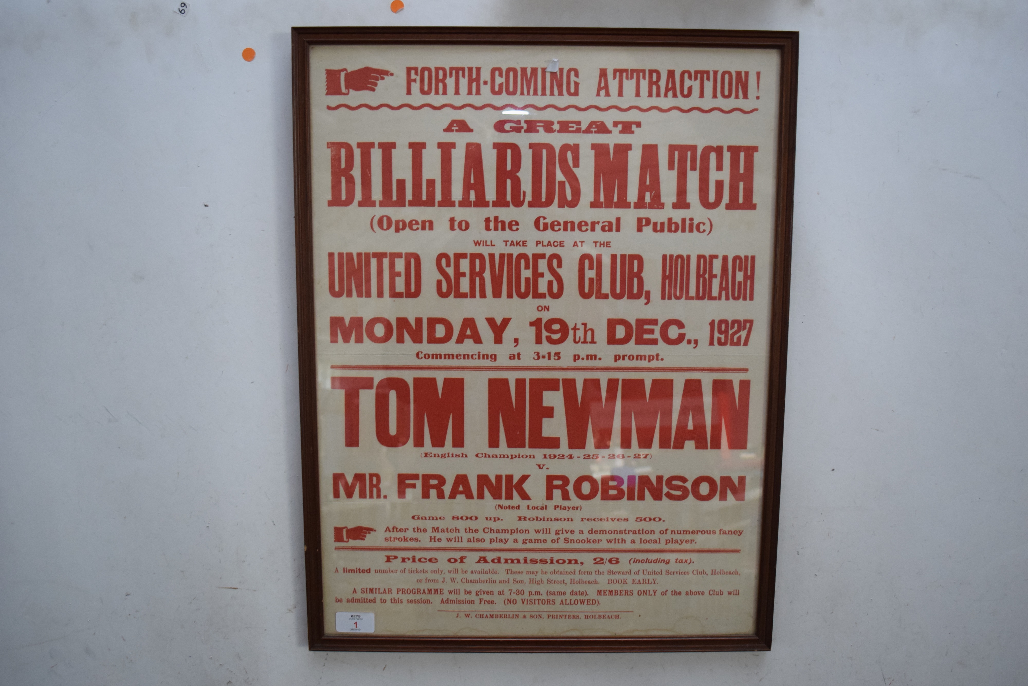 Advertising poster - A great billiards match at The United Services Club, Holbeach between Tom