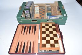 Box of various board games, travelling chess and draughts set, dominoes etc