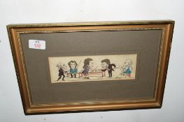 Small 19th century caricature of billiards players, untitled and unsigned, f/g, 37cm wide