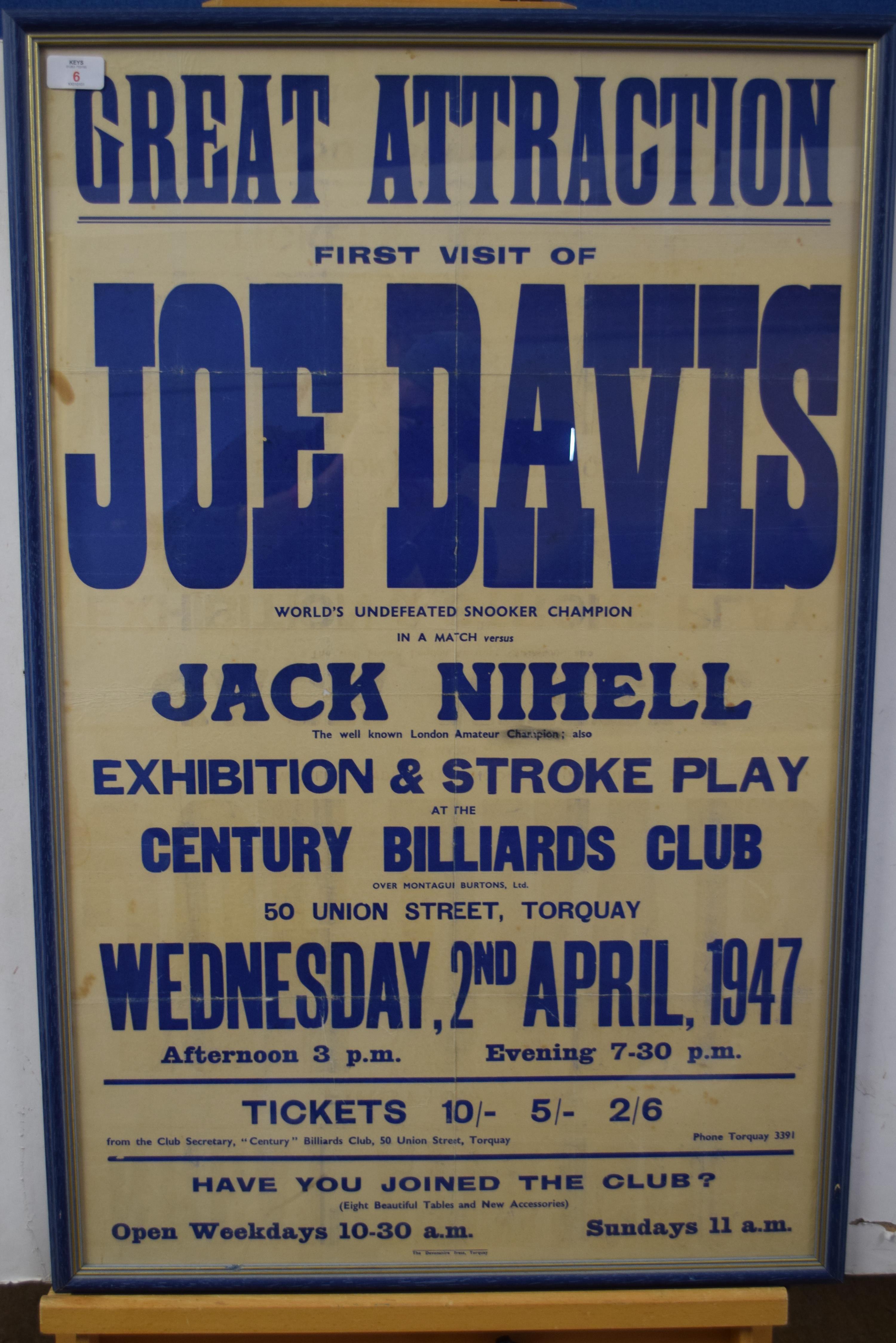 Snooker advertising poster - First visit of Joe Davis v Jack Nihell at Century Billiards Club, 50