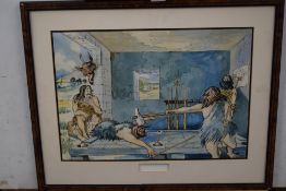 Geoffry Rudkin, 'Billiards ye firste fluker', pen and watercolour, framed 67cm wide