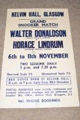 Advertising poster - Kelvin Hall, Glasgow, Grand Snooker Match, Walter Donaldson v Horace Lindrum,
