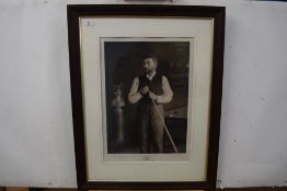 Early 20th century study of John Robert Junior, billiards player, mezzotint print, signed in pencil,