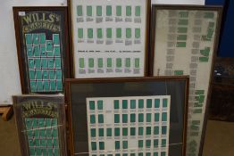 Five framed groups of cigarette cards relating to billiards comprising Foursome Cigarettes,