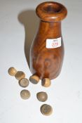Wooden billiards tally markers contained within a turned wooden container, container 19cm high
