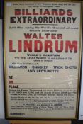 Advertising poster - Billiards Extraordinaire Walter Lindrum, unused as no place or time is entered,