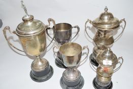 Group of five various silver plated trophy cups on pedestal bases, largest 30cm high
