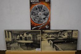 Two reproduction black and white photographic prints on hardboard backs marked 'Lewis's Billiard