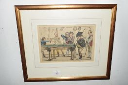 19th century caricature billiards player, coloured print, untitled and unsigned, f/g, 47cm wide