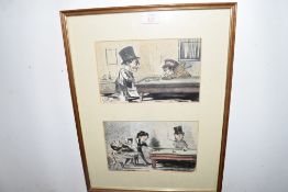 Pair of 19th century caricatures of billiards players, watercolours, initialled CJ and dated 14/12/