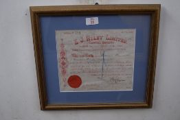 E J Riley Ltd, Share certificate for 1000 shares, no 106, dated 18th June 1908, f/g, 40cm wide