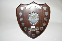 Hardwood back shield shape snooker award with easel back, 139cm high