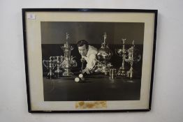 Black and white photograph, Jack Karnehm, billiards champion, with list of achievements beneath