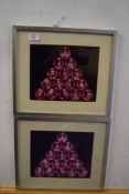 Two coloured photographic prints formed as triangle of red snooker balls, each with a player's