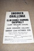 Advertising board - Snooker Challenge at Club Double Diamond, Caephilly, Cliff Wilson v Alex
