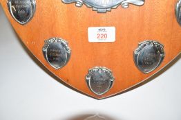Hardwood back shield shape snooker award with easel back, 139cm high, marked 'Broadland Snooker