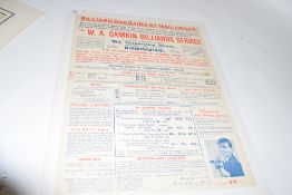 Vintage advertising poster marked W A Camkin Billiards Service, Corporation St, Birmingham, Billiard