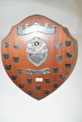 Hardwood back shield shape snooker award with easel back, 139cm high, marked 'Broadland Snooker