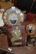 Mixed Lot of three various hardwood backed presentation shields together with three other