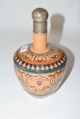 Early 19th century stoneware flask with white metal mounted stopper and collar, the body decorated