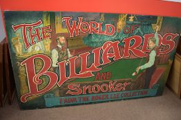 Large painted pictorial sign 'The World of Billiards and Snooker from the Roger Lee collection',