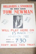 Advertising poster Billiards and Snooker the World Famous Tom Newman will play here on 15th March
