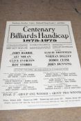 Advertising board - Northern Snooker Centre, Leeds, Centenary Billiards Handicap, 1875-1975, 53cm