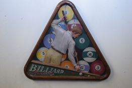 Contemporary wooden advertising board marked 'Billiard Academy' set in a triangular frame, 38cm