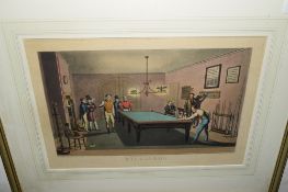 After E F Lambert and engraved by Hunt, billiards coloured aquatint, f/g, 64cm wide