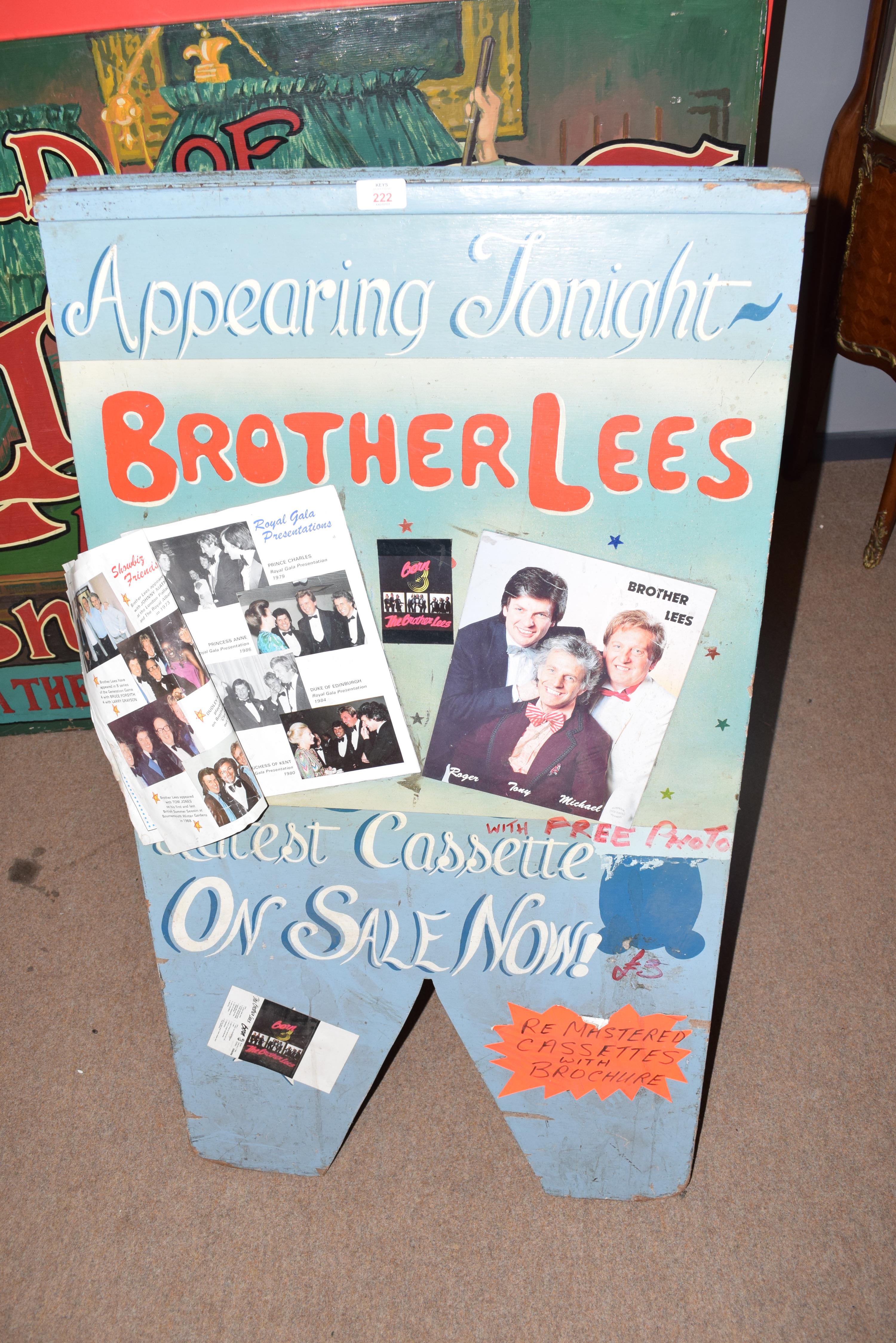 Folding advertising board marked 'Appearing tonight Brother Lees', 110cm high
