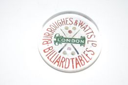 Burroughes & Watts billiard tables glass advertising paperweight, 8cm diam