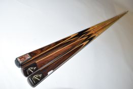 Three Powerglide cues, Connoisseur, all with facsimile signature for Rex Williams. the cue in the