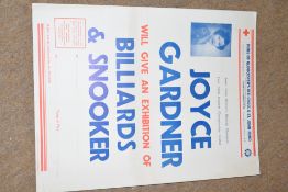 Advertising board Joyce Gardner will give an exhibition of billiards and snooker, undated, 51cm