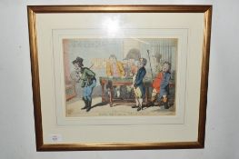 After Samuel William Fores, coloured caricature, 'A new way of paying debts of honour', f/g, 53cm