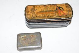 Small 19th century black papier mache snuff box, the lid decorated with a printed scene of